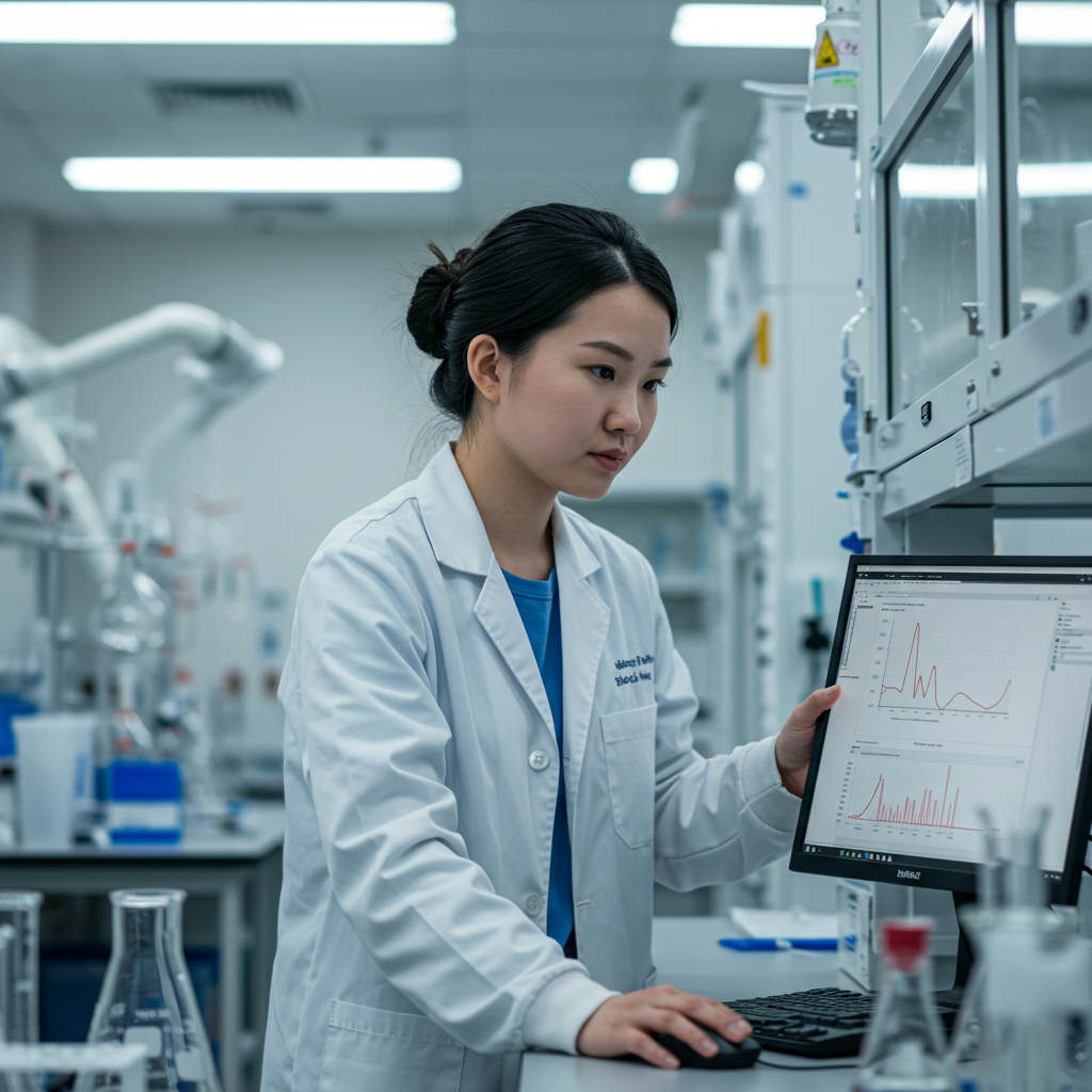 a woman in a lab coat looking at a computer screen